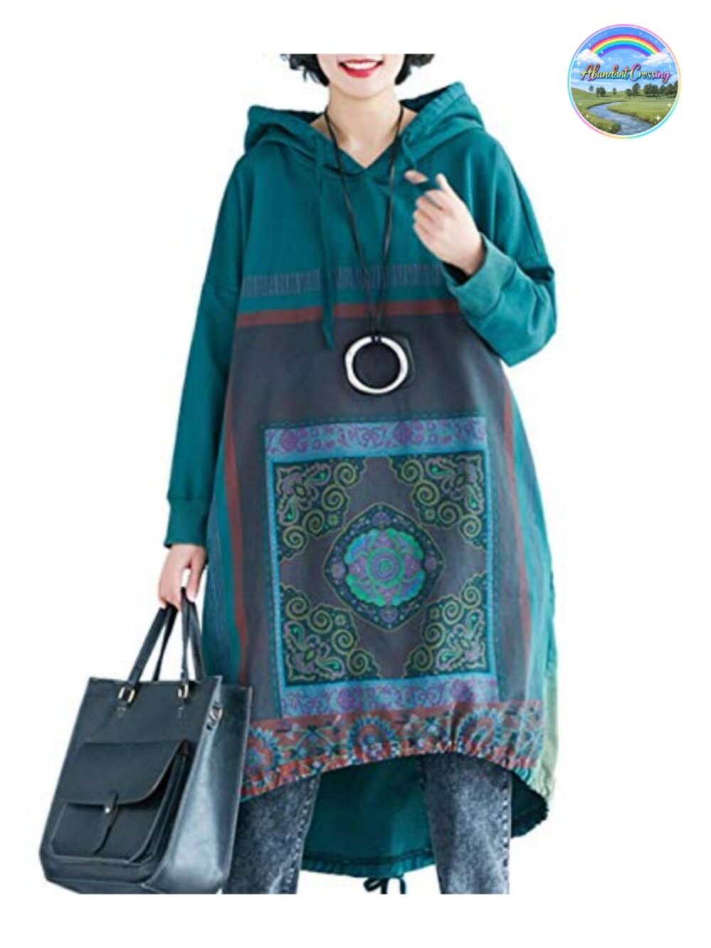 Women Long Casual Hooded Sweatshirt Dress Ethnic Floral Print Color Block